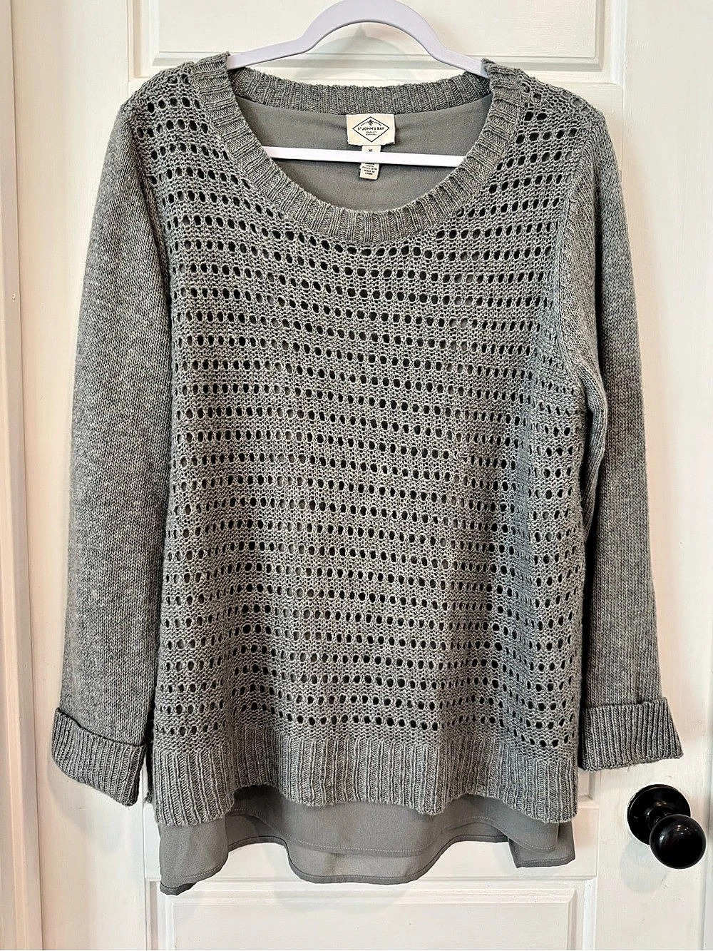 St. John’s Bay Gray Open Knit Layered Chiffon Hem Sweater Women’s XL like new